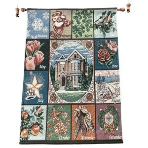 Vintage Woven Tapestry of Seasons Months of the Year & Holidays with Hanging woo